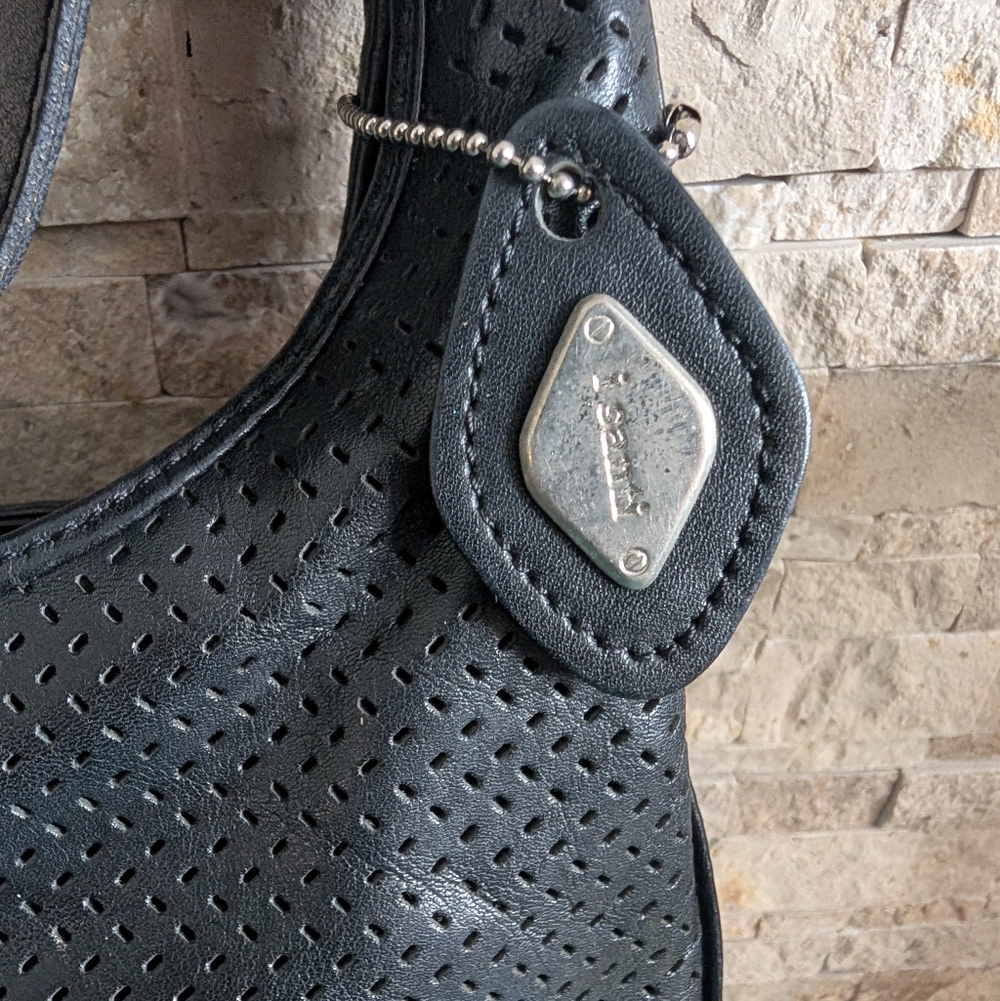 Vintage Made In Italy Perforated Genuine Leather Black Hobo Shoulder Bag Minimal image 3